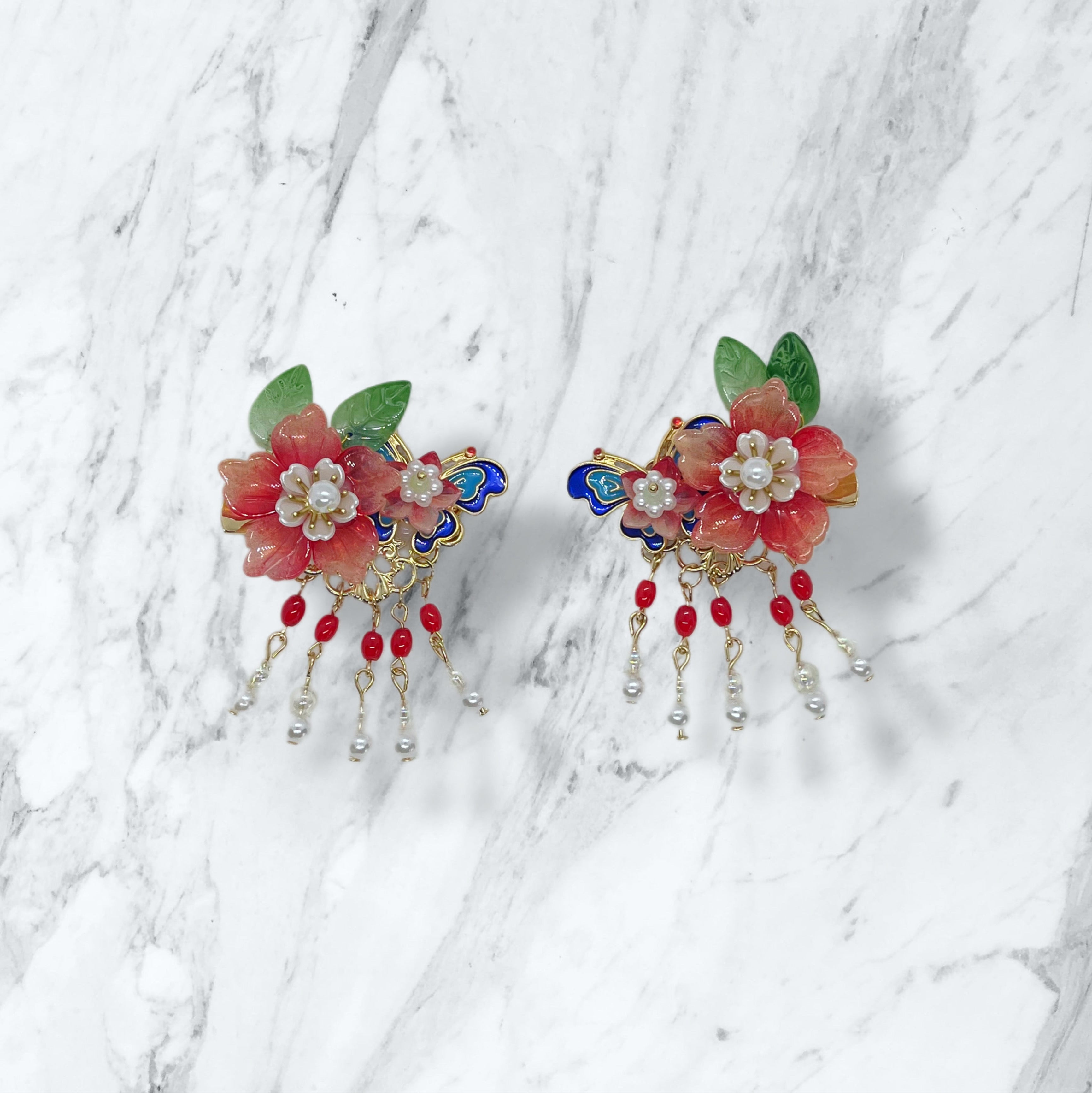 Butterfly red flower Clips set, Tiny Things
