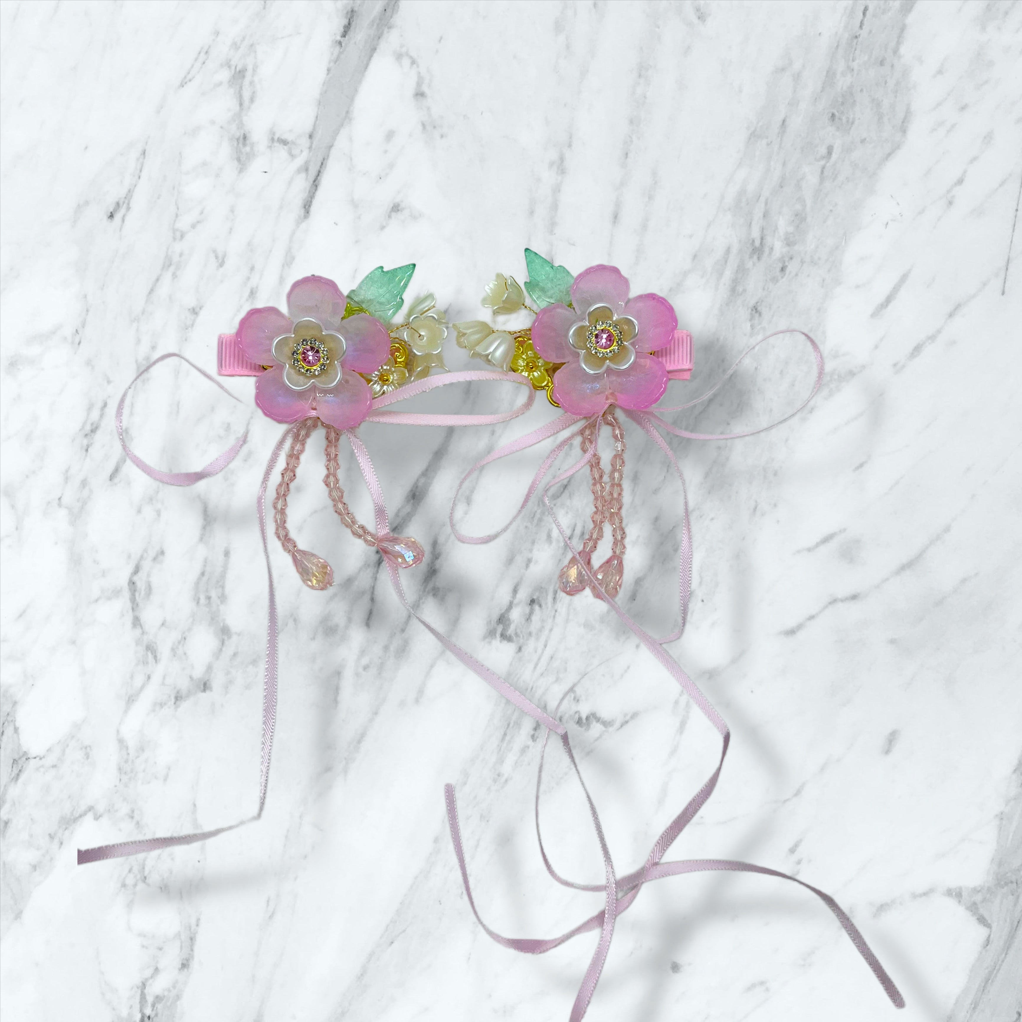 Ribbon pink flowers Clips set, Tiny Things