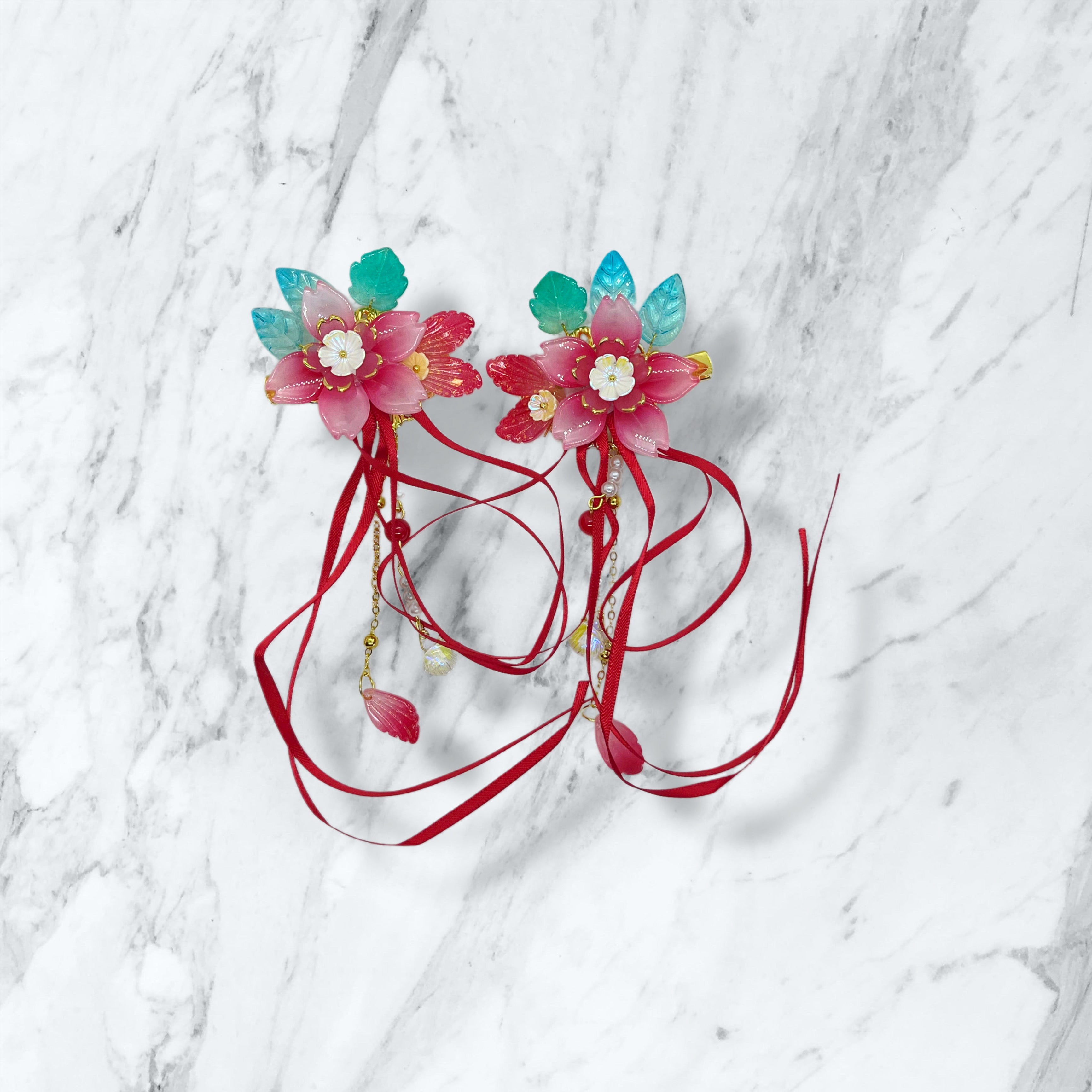 Ribbon red-green flower Clips set, Tiny Things