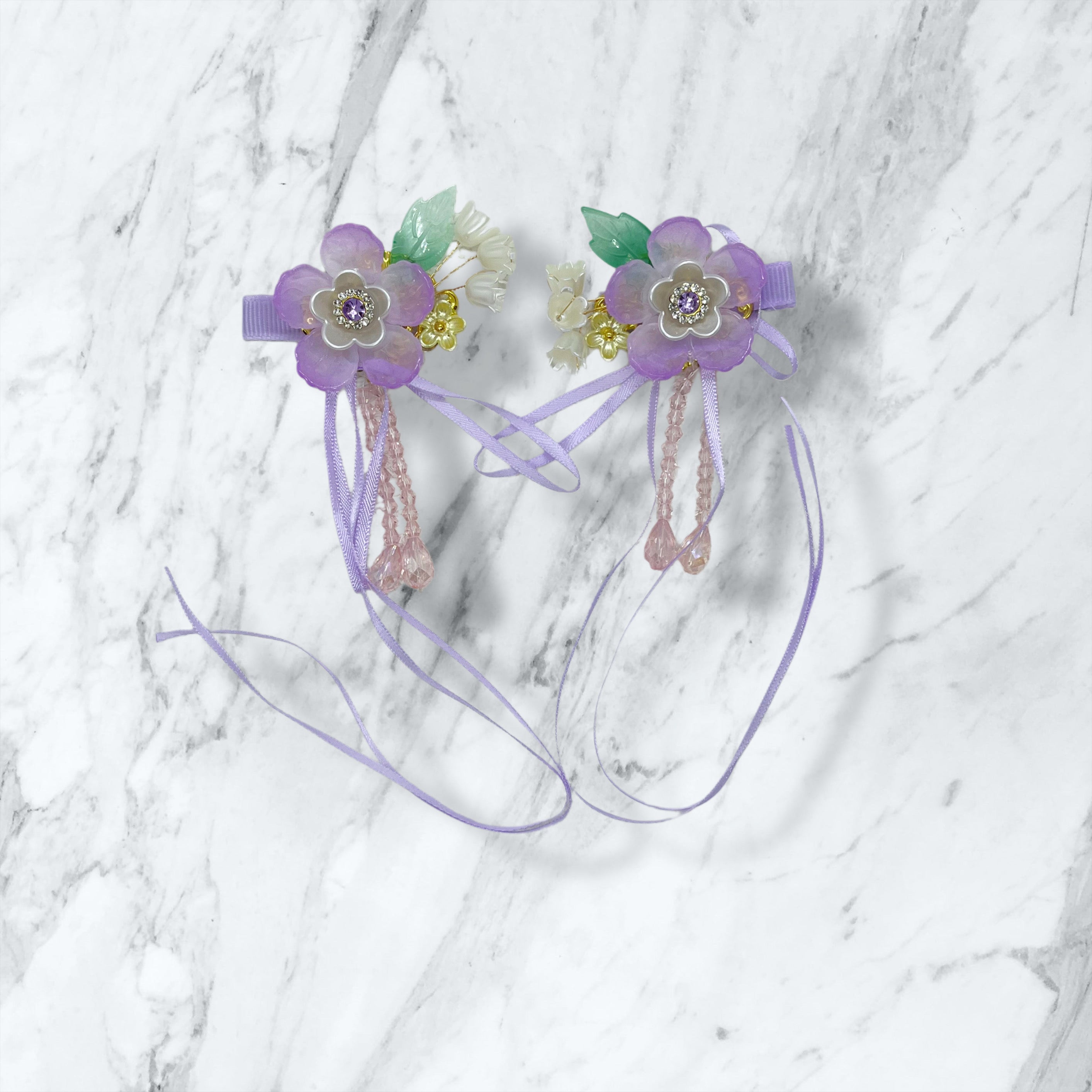 Ribbon violet flowers Clips set, Tiny Things